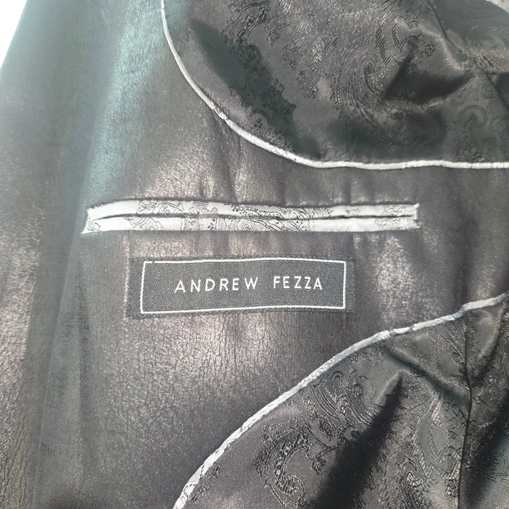 Andrew Fezza Mens Black Faux Leather Blazer Two Button Paisley Lined Jacket